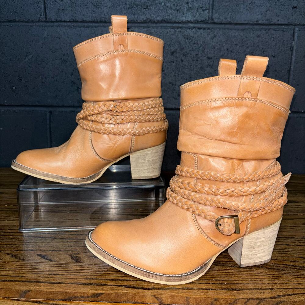 Dingo Braided Harness Western Ankle Boots Tan Leather Pull On Women’s 7.5 - Picture 3 of 8